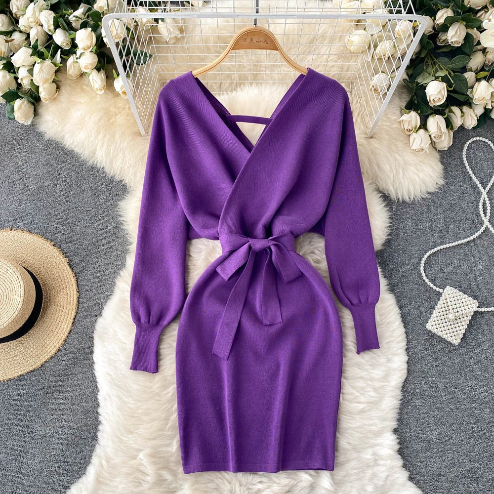 Sash Tie Knit Bodycon Mini Dress