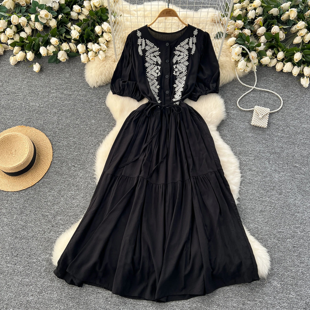 Embroidered Puff Sleeve Crew Neck Dress