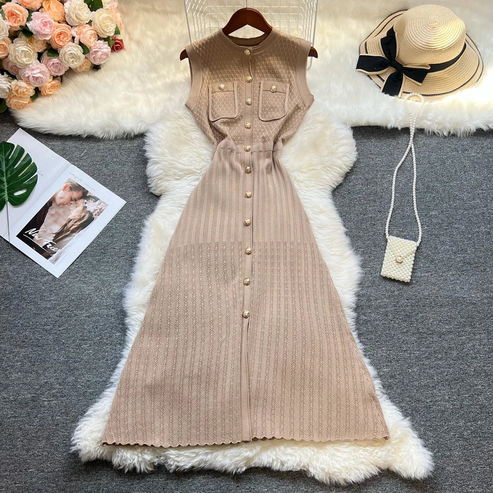 Patchwork Knit A-Line Maxi Shirt Dress