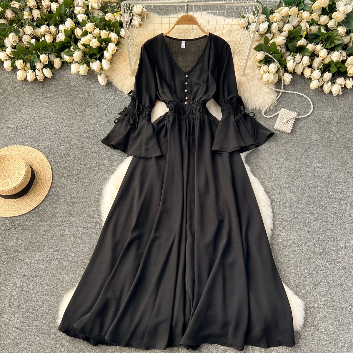 Belted Print Flare Sleeve A-Line Dress