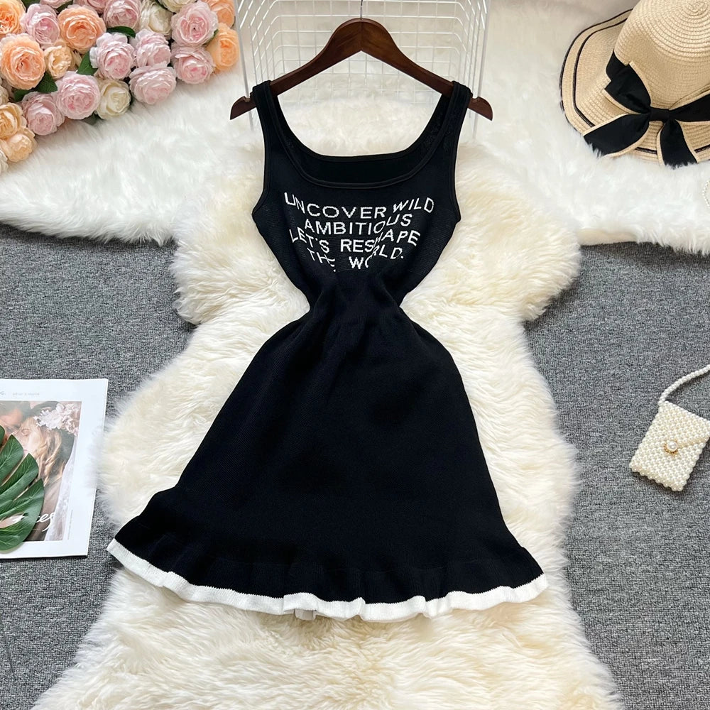 Letter Ruffled Knit Mini Dress
