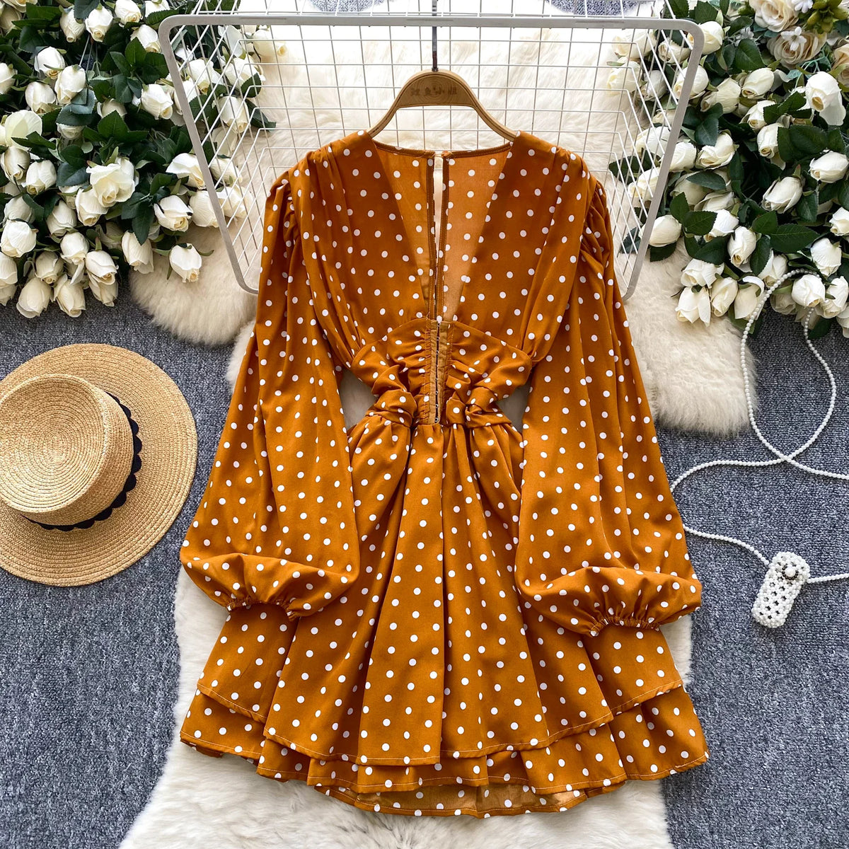 Polka Dot Lantern Sleeve Slim Dress