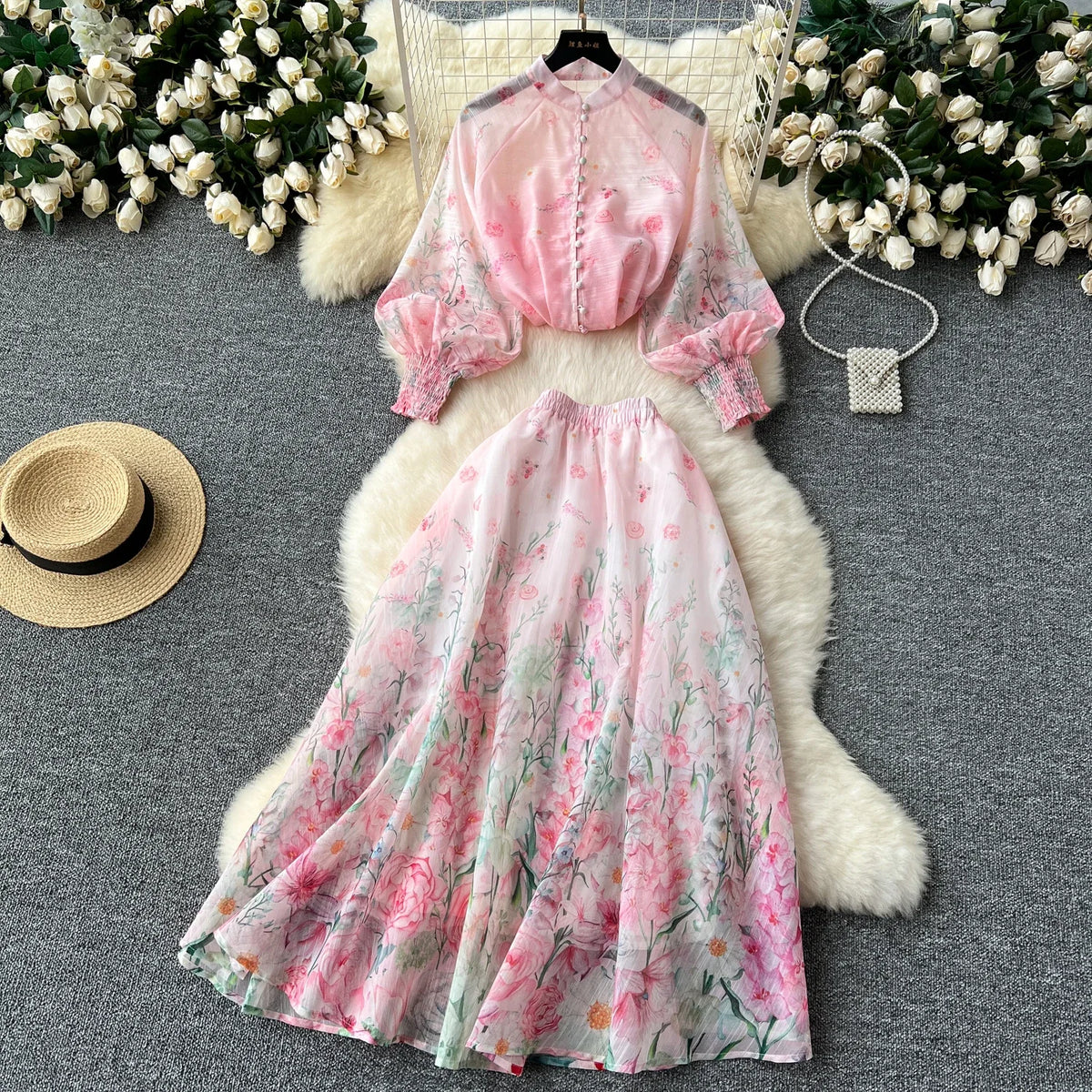 Lantern Sleeve Print Top and Mesh Skirt Set