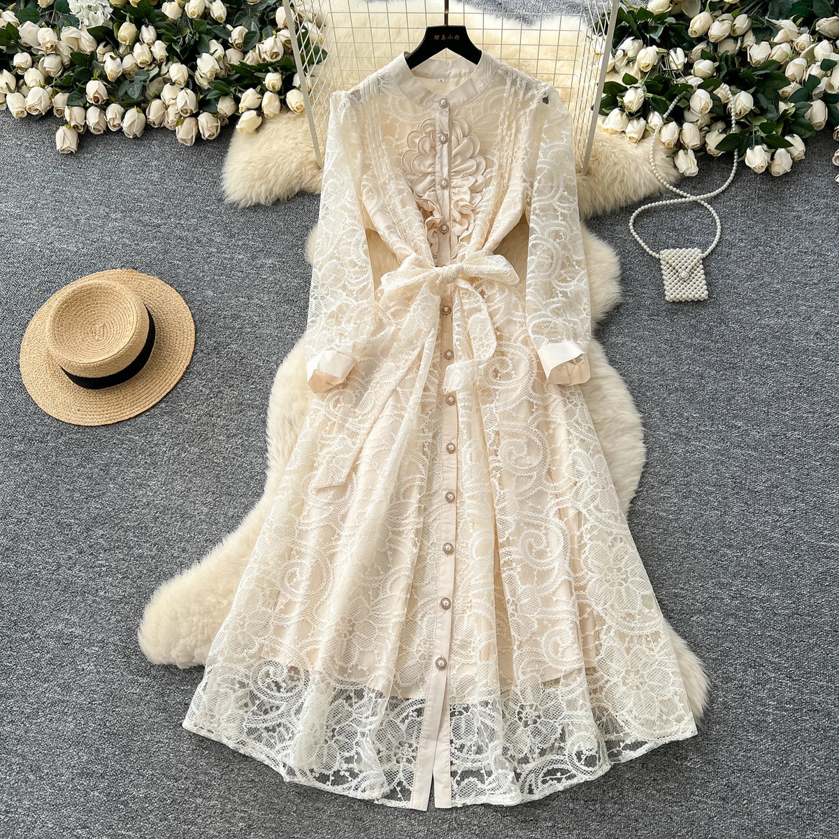 Embroidered Mesh Button Slim Dress