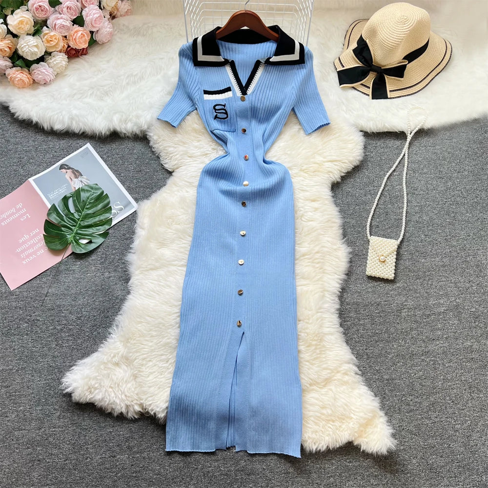 Embroidered Knit Bodycon Maxi Dress