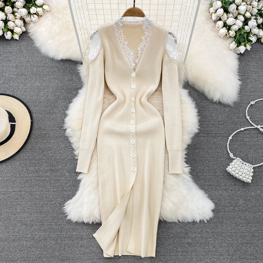 Lace Knit Off-Shoulder Pencil Sweater Dress