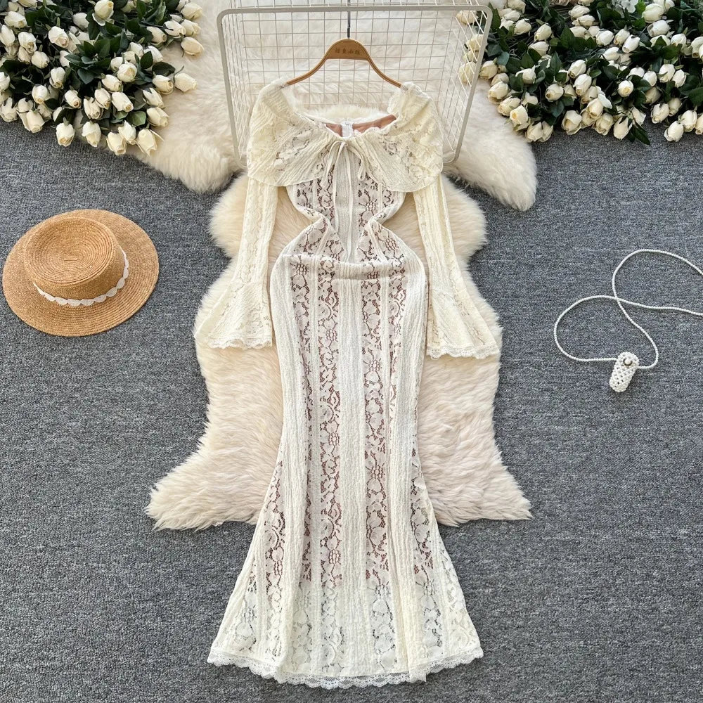 Lace Ruffle Collared Flare Sleeve Maxi Dress