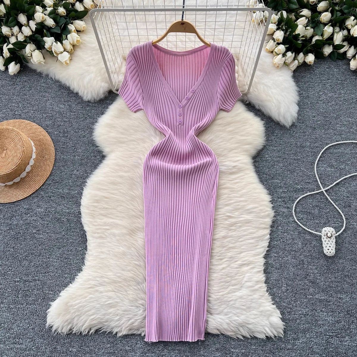 Shimmer V-Neck Knit Bodycon Dress