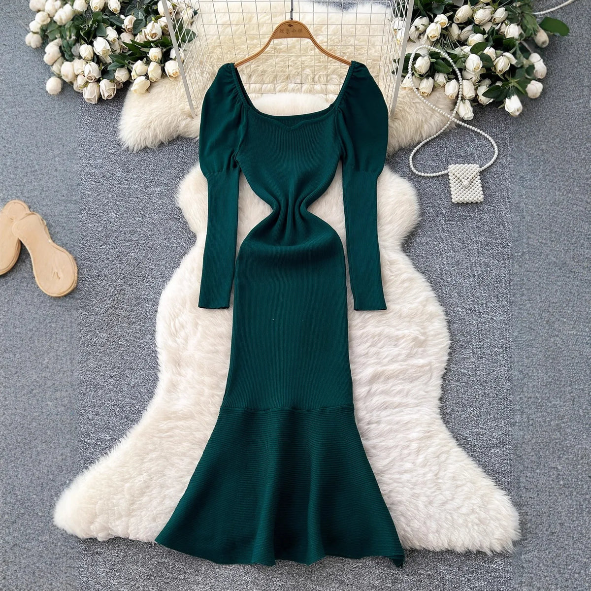 Puff Sleeve Knit Mermaid Maxi Dress