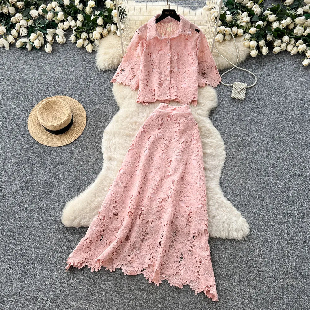 Lace Cutout Collared Top and Skirt Set