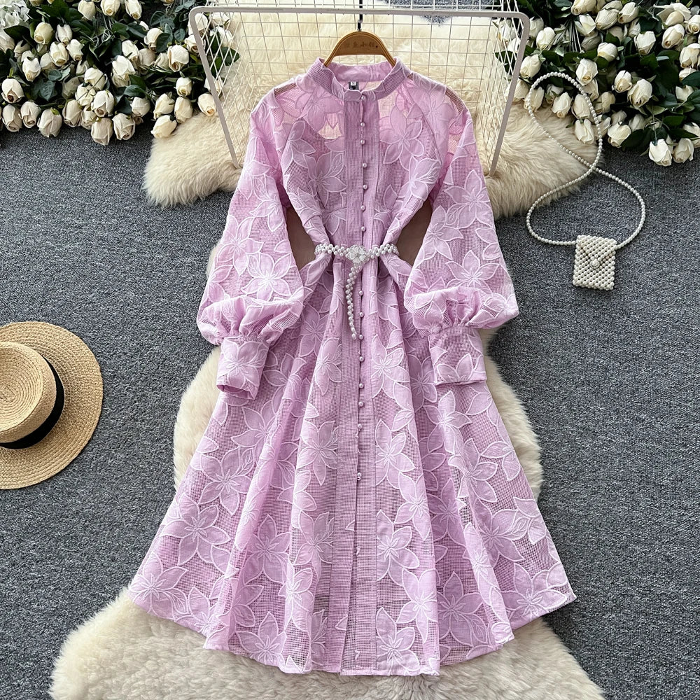 Hollow Out Button Crew Neck Long Sleeve Dress