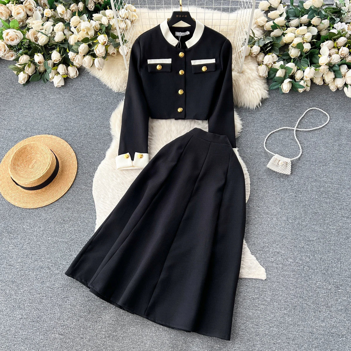 Button-Front Top and Fitted Skirt Set