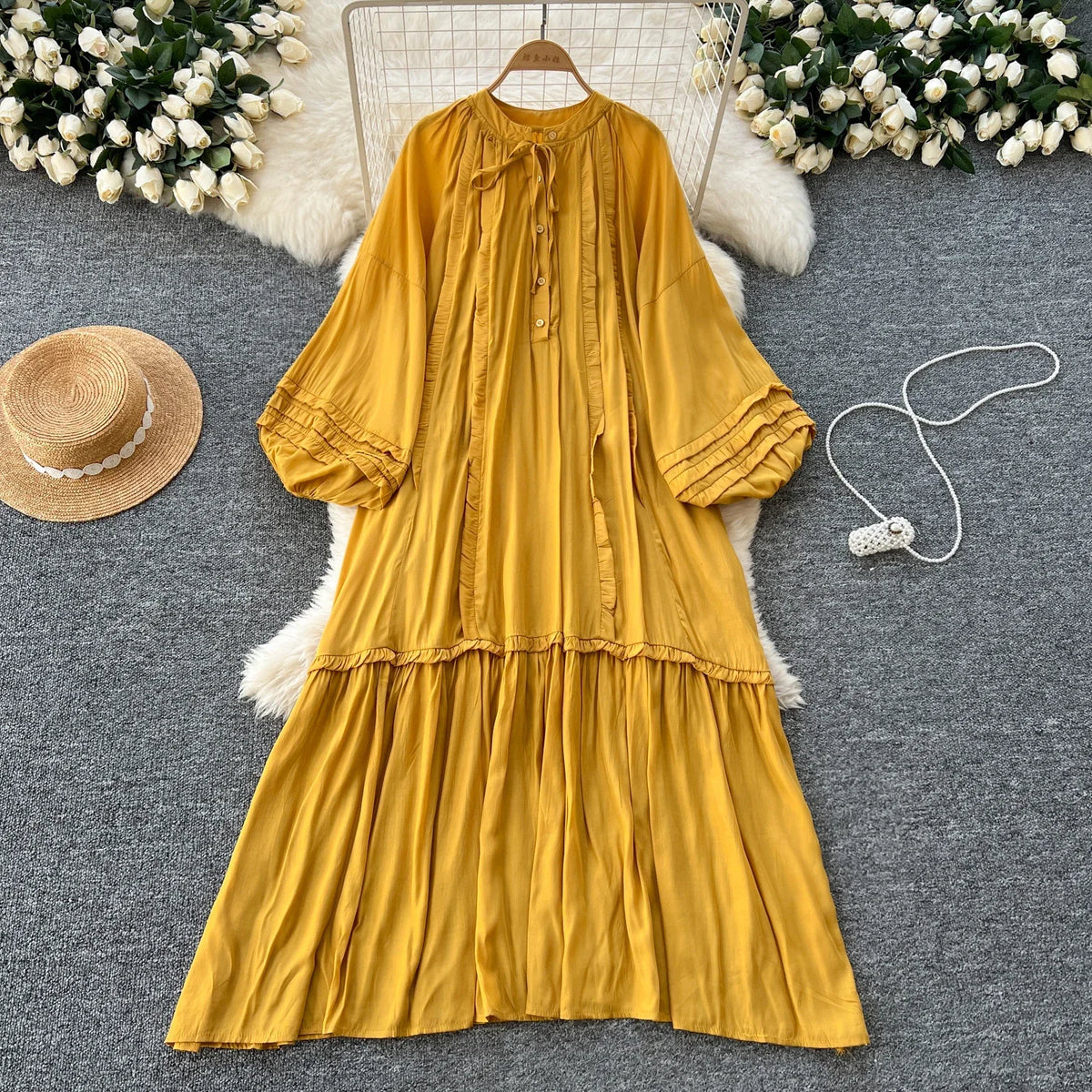 Lace-Up Lantern Sleeve Ruffle Dress
