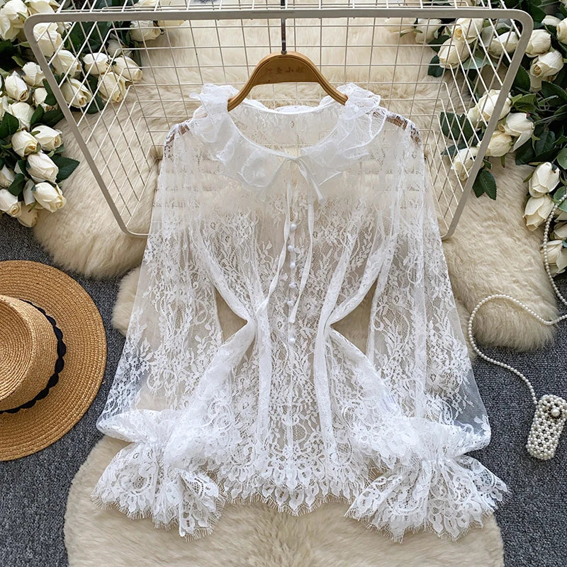 Black Lace Tie Neck Sheer Blouse
