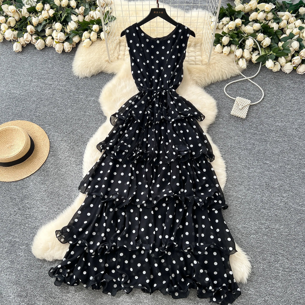 Polka Dot Crew Neck Maxi Dress