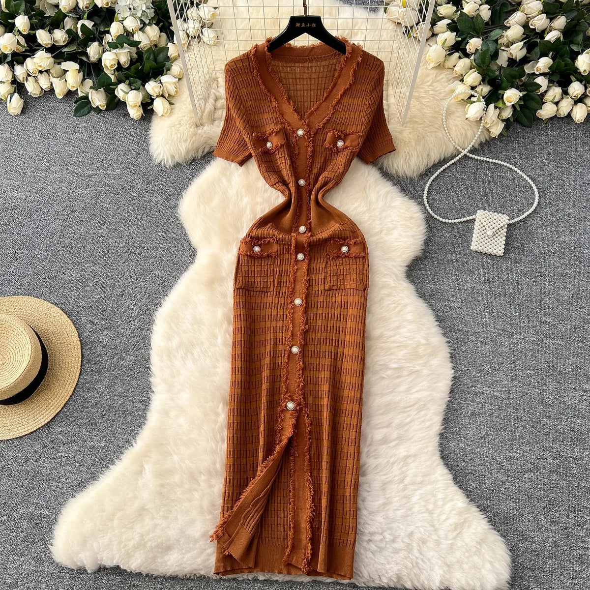 V-Neck Button Wrap Maxi Shirt Dress
