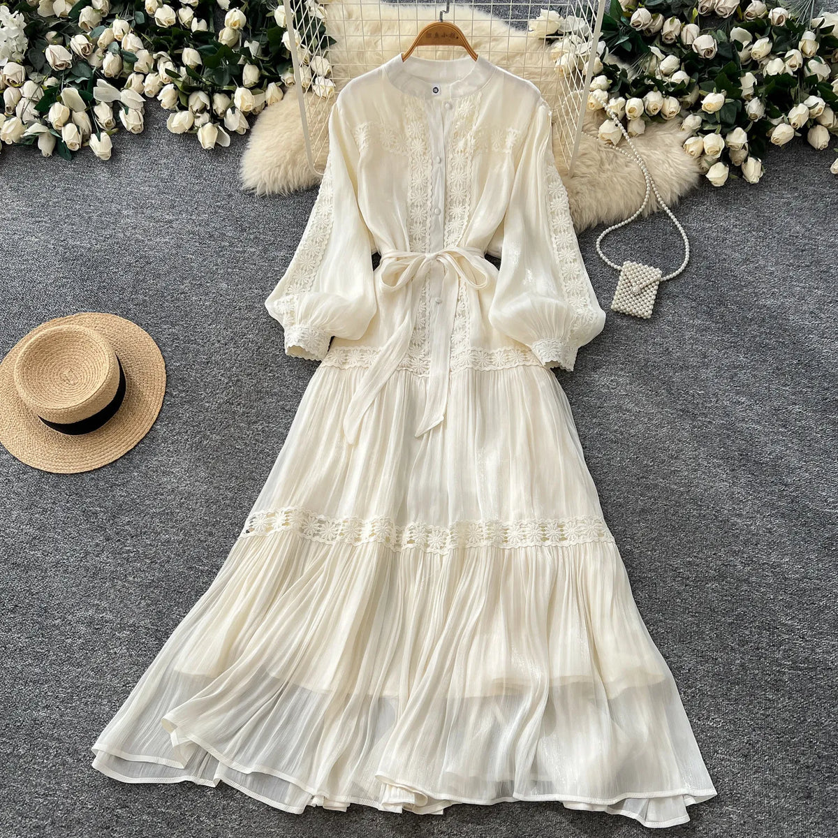 Jacquard Puff Sleeve Ruffle Swing Dress