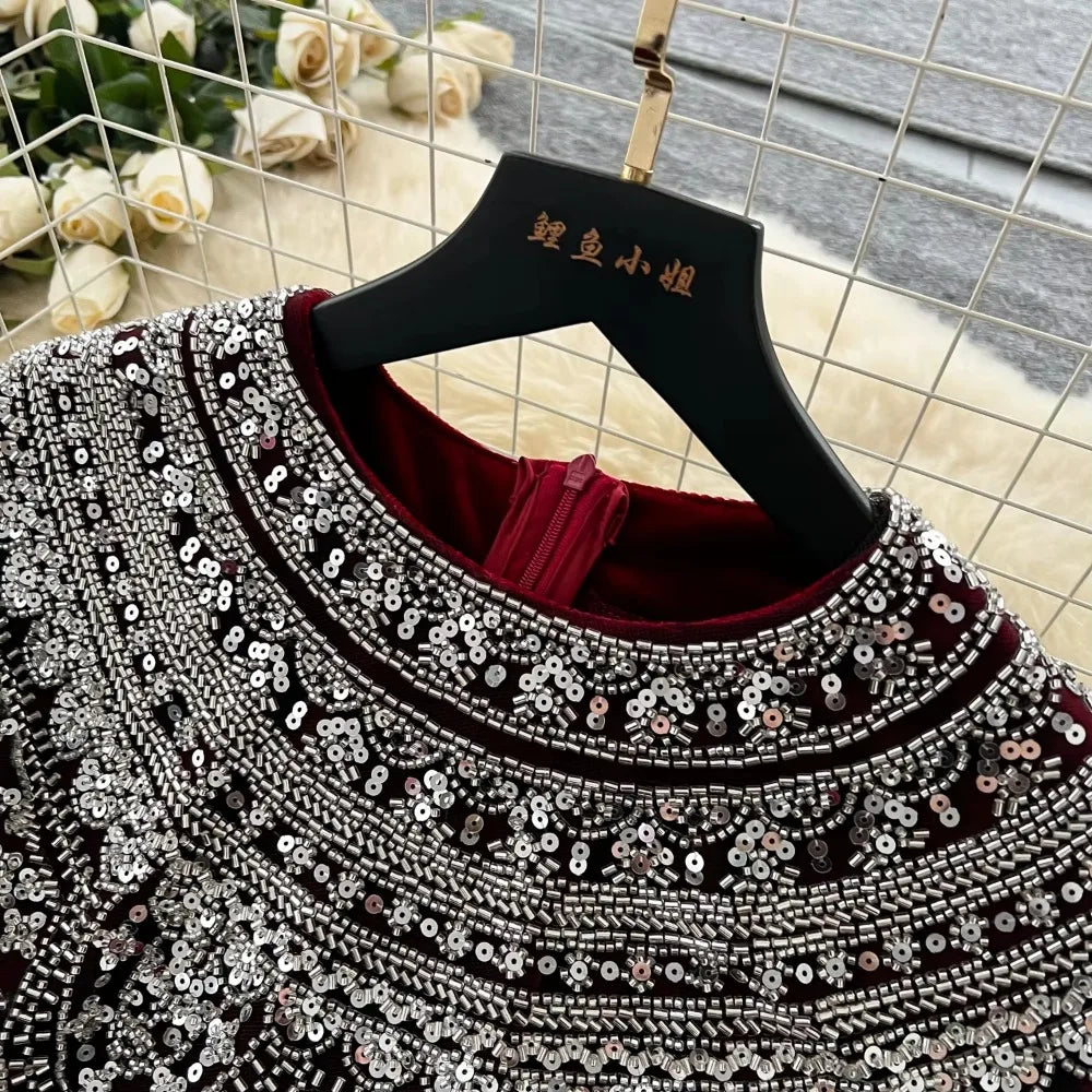 Embroidered Sequin Velour Split Dress