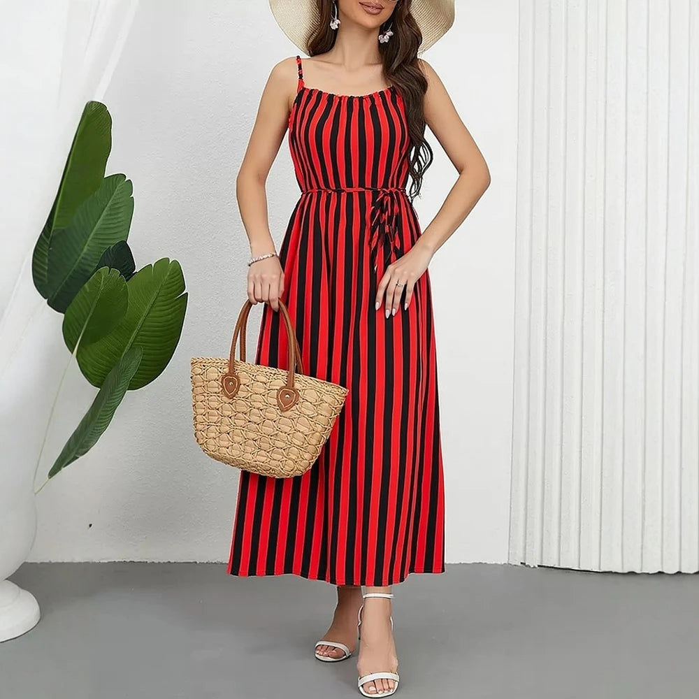 Striped Spaghetti Strap A-Line Maxi Dress