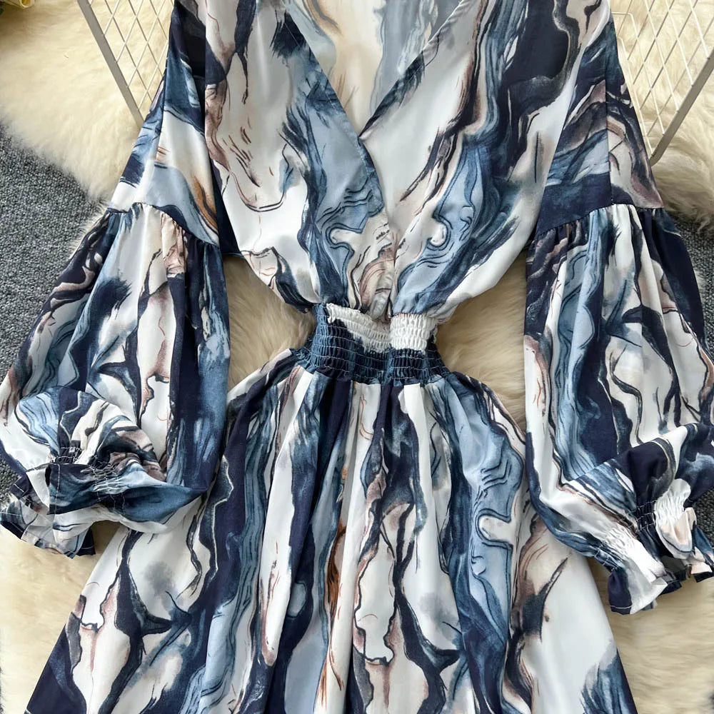 Criss-Cross Print Lantern Sleeve Dress