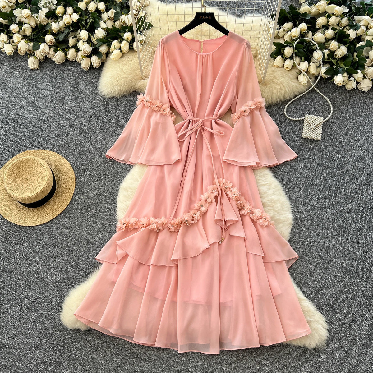 Embroidered Flare Sleeve Long Dress