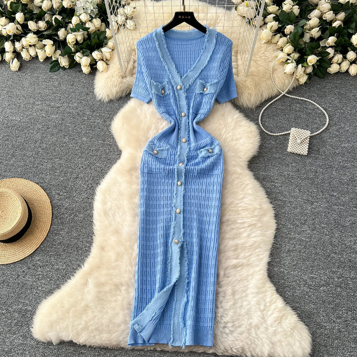 V-Neck Button Slit Long Sweater Dress