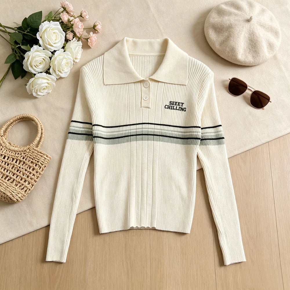 Striped Polo Collar Ribbed Knit Top