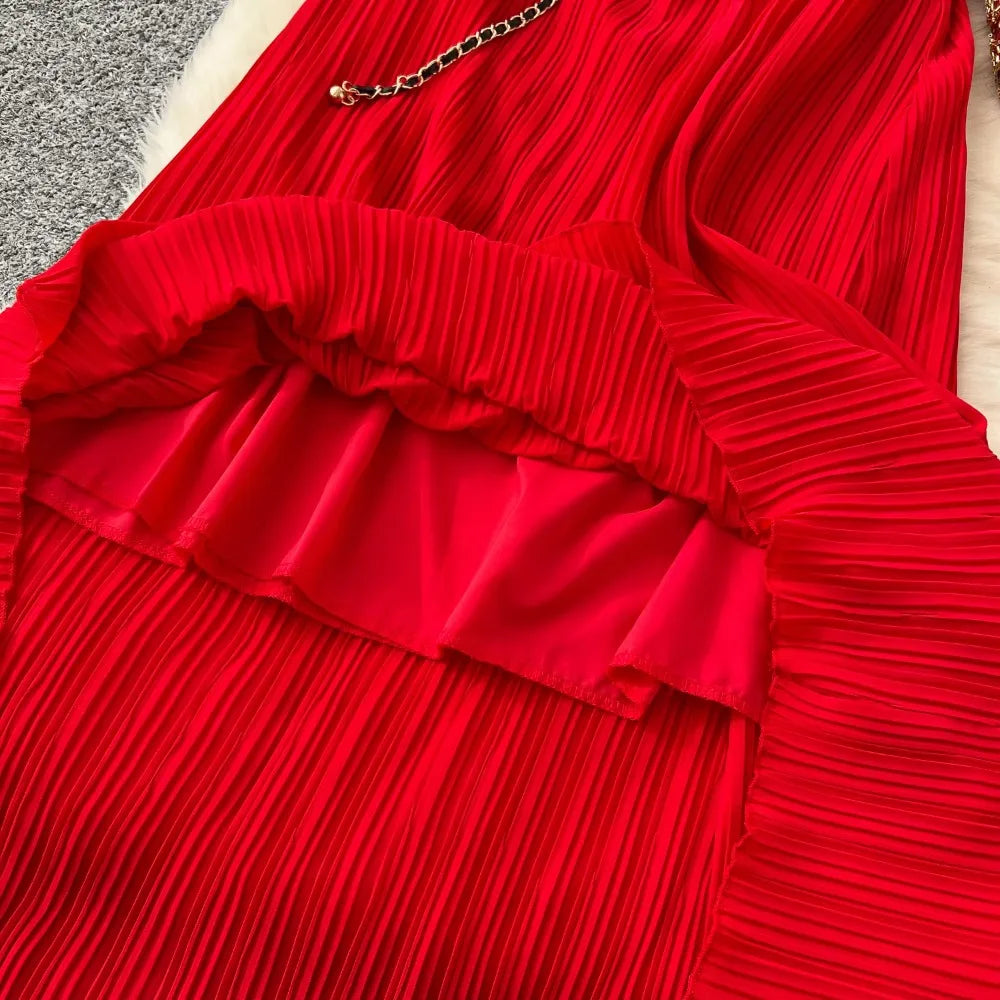 Floral Embroidered Beaded Pleated Dress