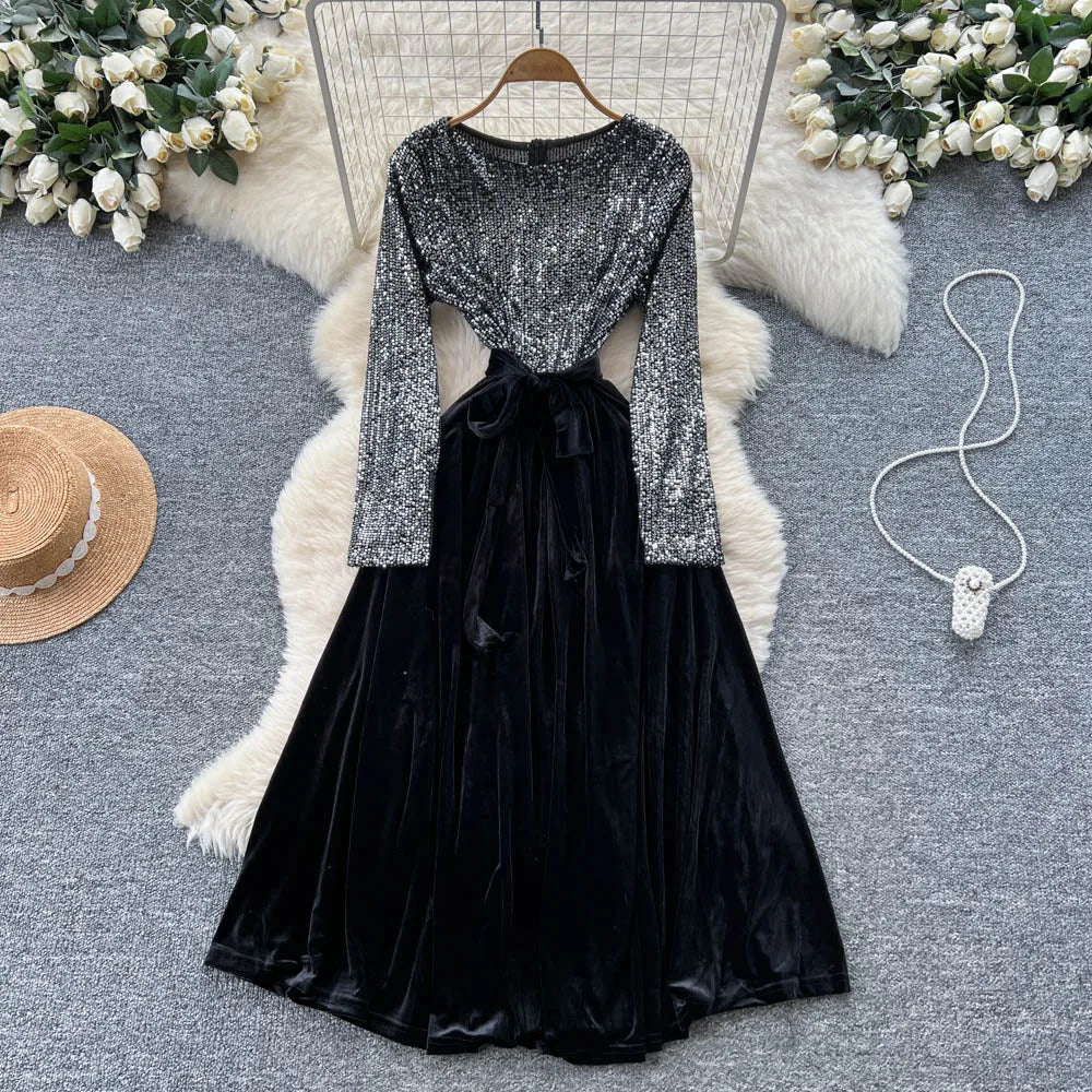 Sequin Velour Long Sleeve Dress