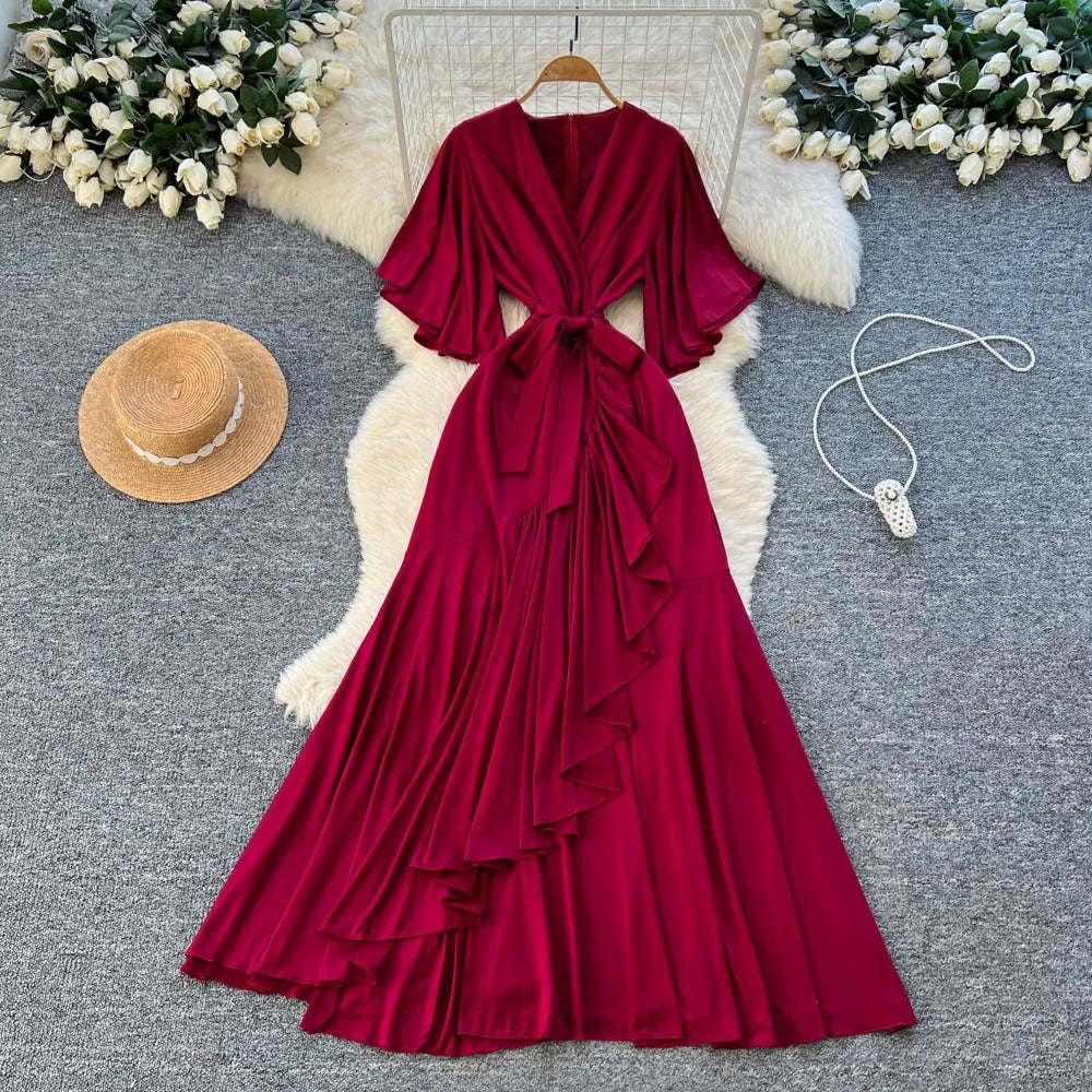 Asymmetrical V-Neck Slim Dress