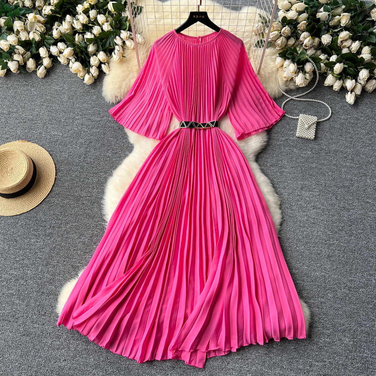 French Pleated Flare Sleeve Scoop Neck Dress