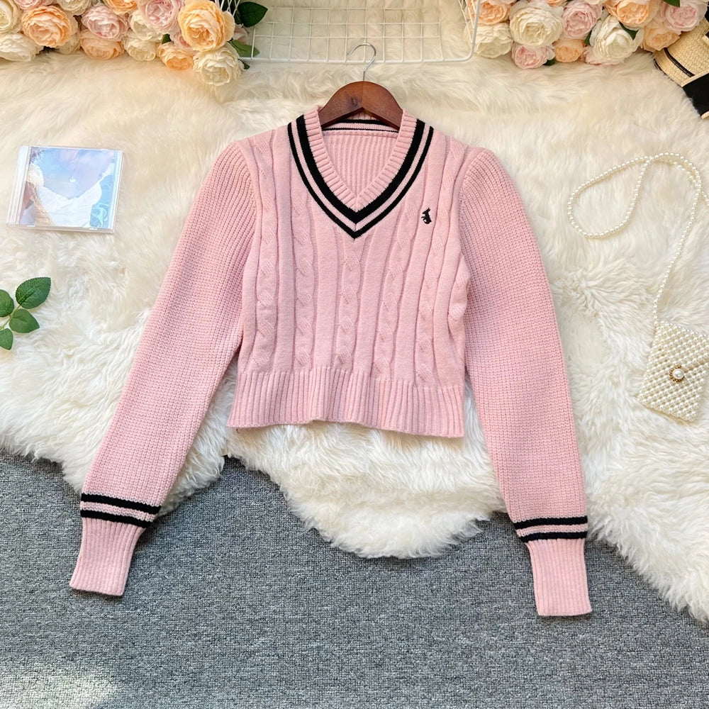 Embroidered Long Sleeve Knit Pullover Sweater