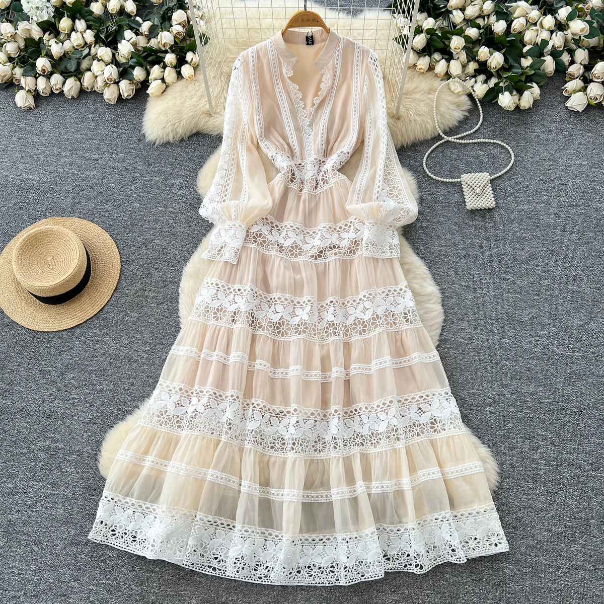 Lantern Sleeve Ruffle Paneled Maxi Dress