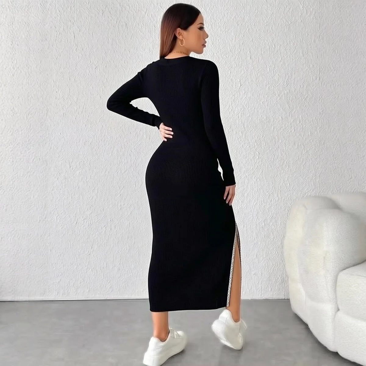 Black Rhinestone High Slit Knit Maxi Dress
