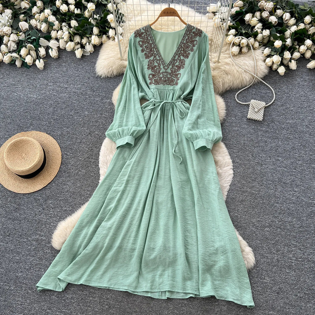 Embroidered V-Neck Tie Maxi Dress