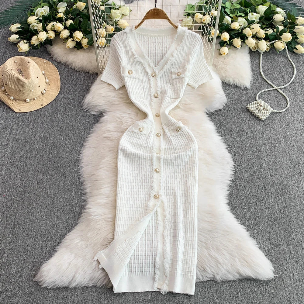 V-Neck Knit Bodycon Maxi Sweater Dress