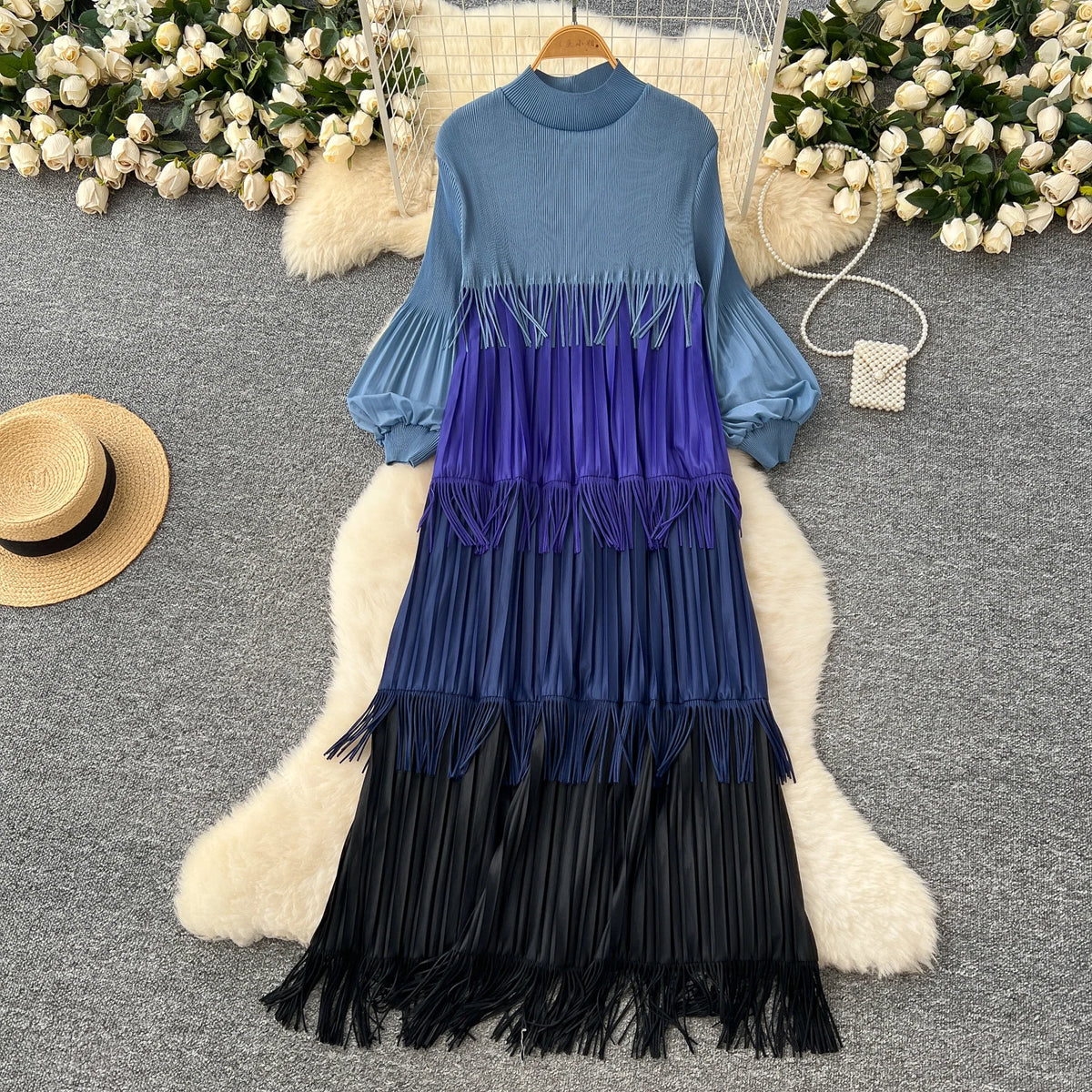 Tassel Patchwork Lantern Sleeve Dress
