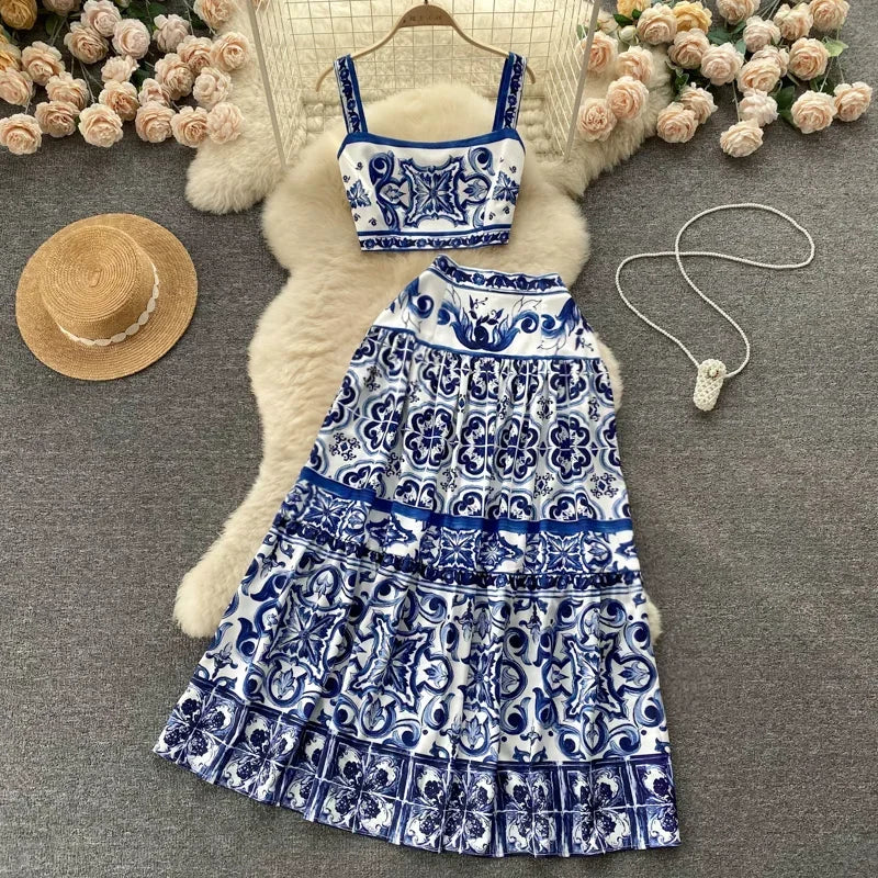 Print Off-Shoulder Top and Pleated Skirt Set