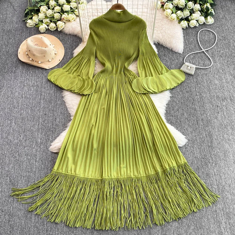 3D Petal Sleeve Turtleneck Pleated Maxi Dress