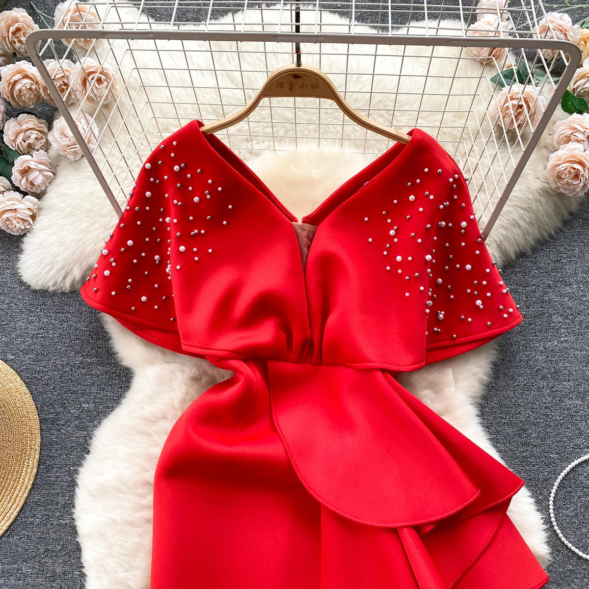 Rhinestone Ruffle V-Neck A-Line Dress