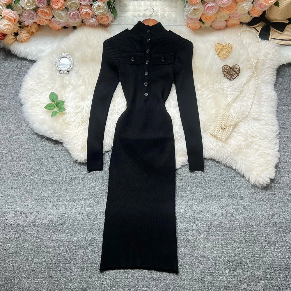 Turtleneck Button Knit Bodycon Sweater Dress