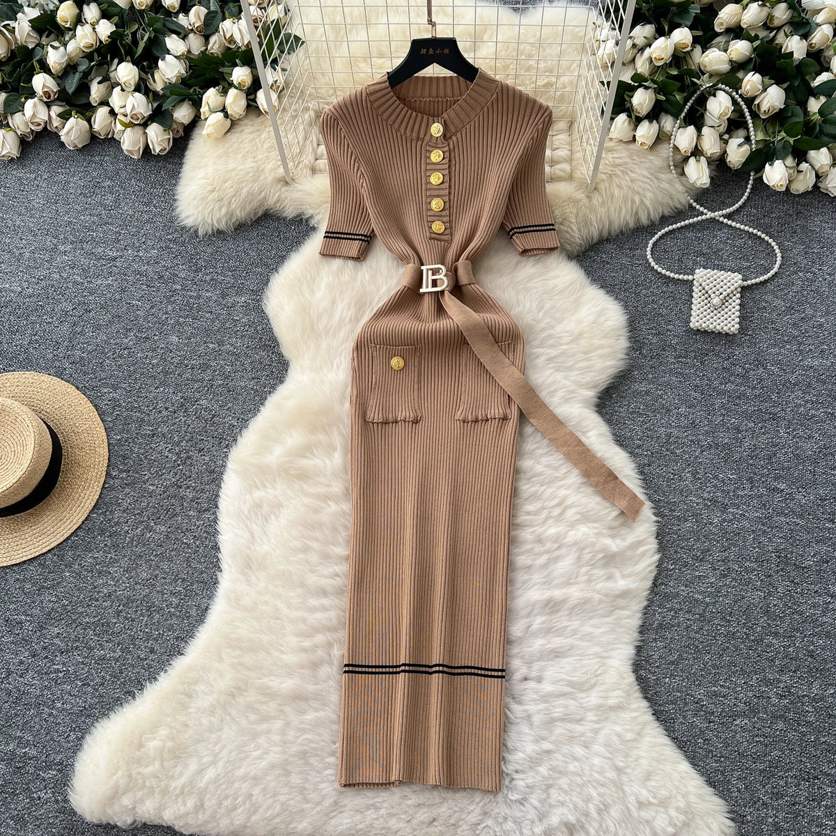 Belted Button Front Knit Maxi Dress