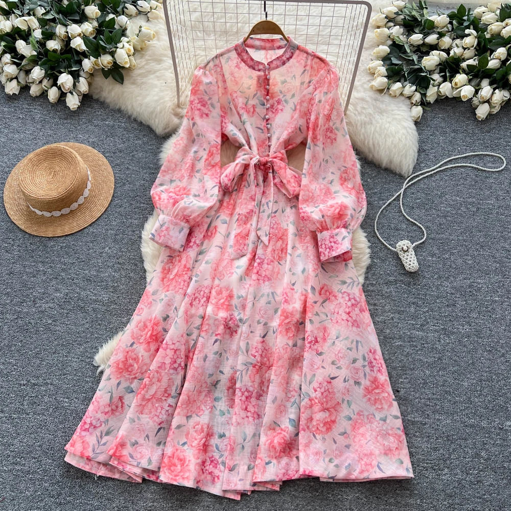Split Print Pleated Long Sleeve Dress