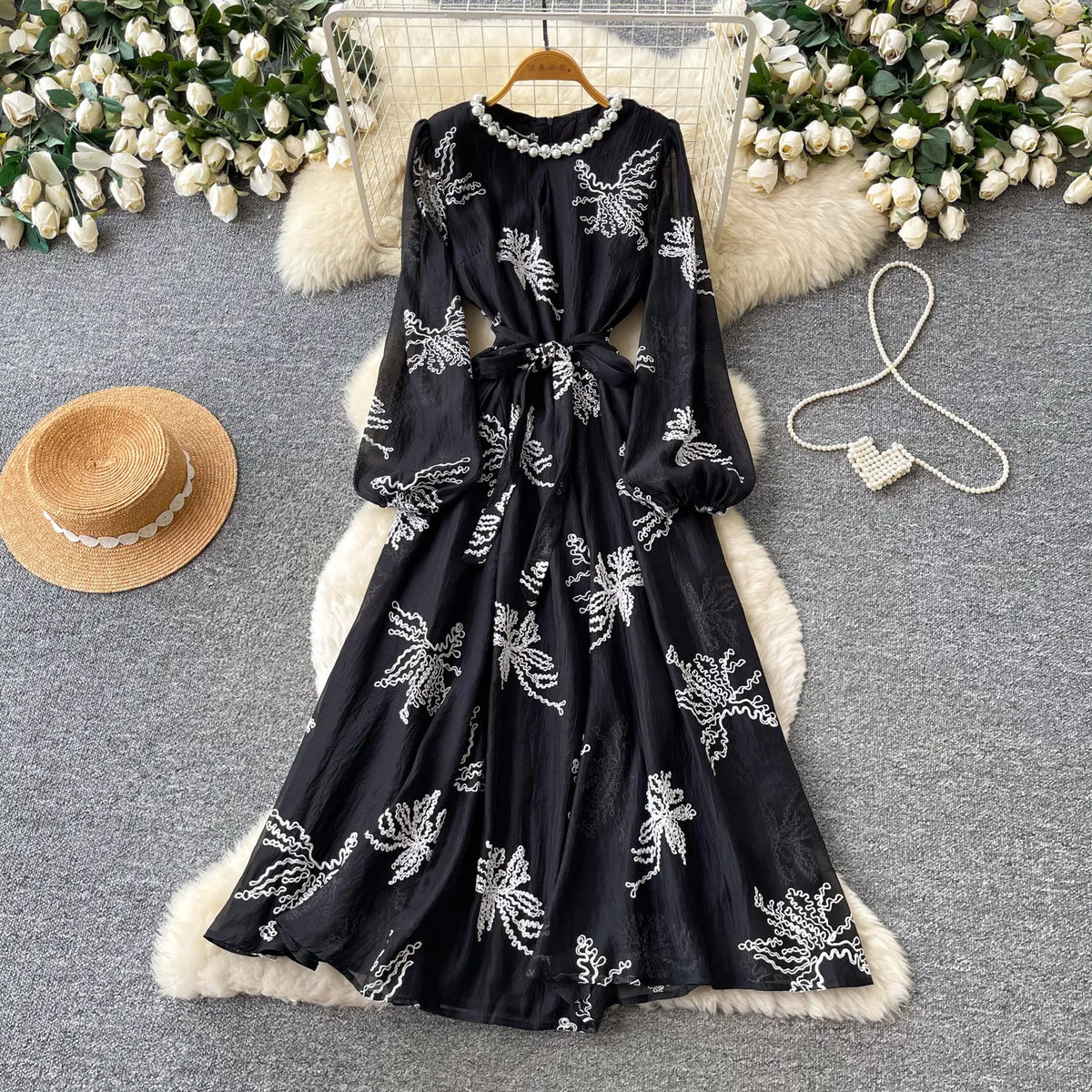 Embroidered Beaded Lantern Sleeve Long Dress