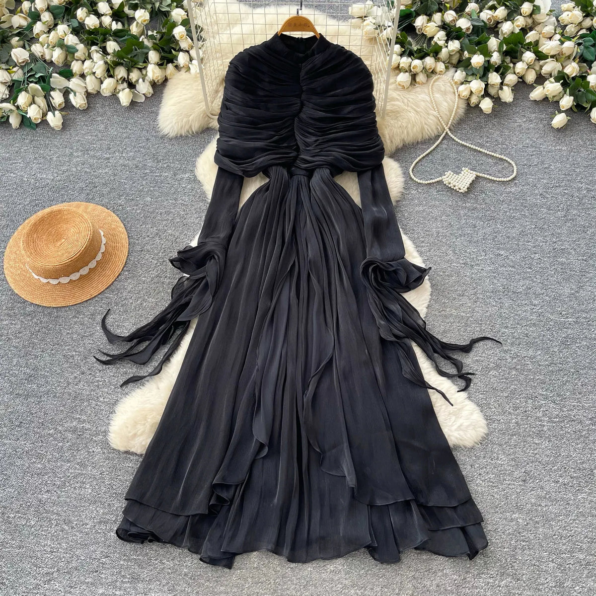 Ribbon Puff Sleeve Cape Maxi Dress