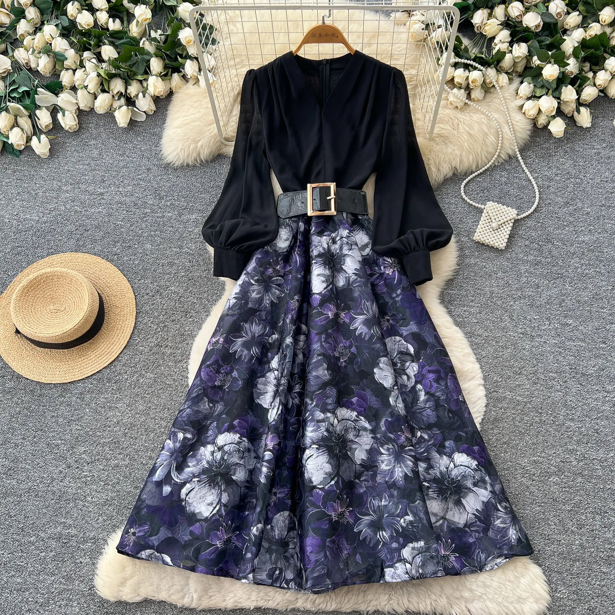 French Print Belted A-Line Swing Dress