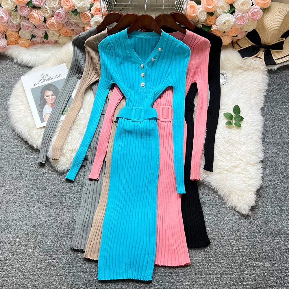 Belted Button V-Neck Knit Maxi Dress
