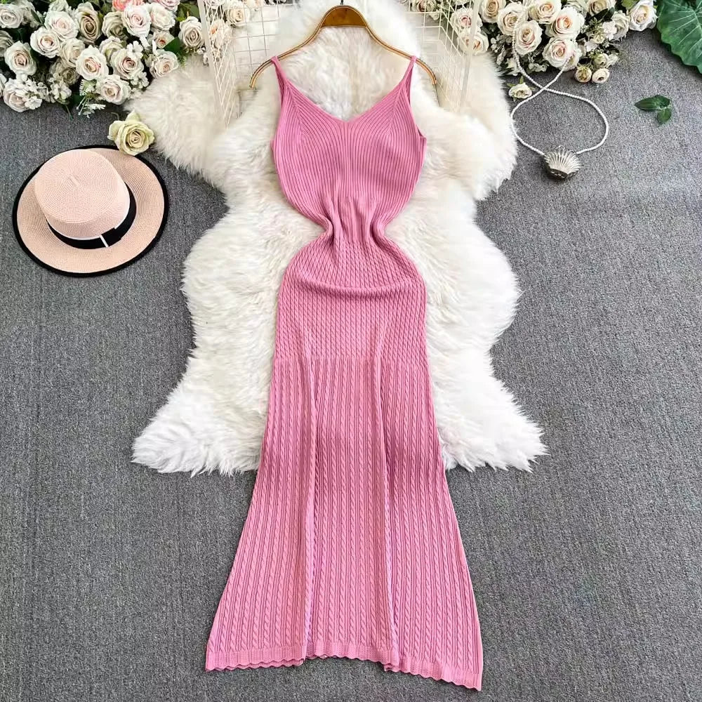 Patchwork Spaghetti Strap Knit Maxi Dress