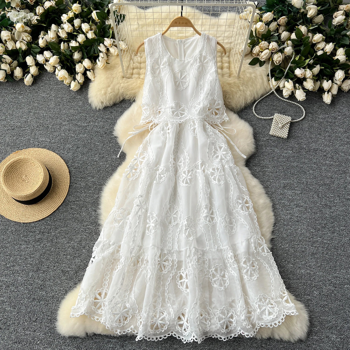 Embroidered Lace Cutout Sleeveless A-Line Dress