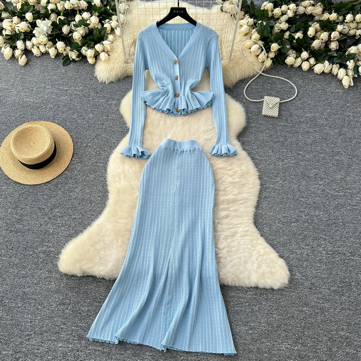 Ruffle Knit Cardigan and Skirt Set